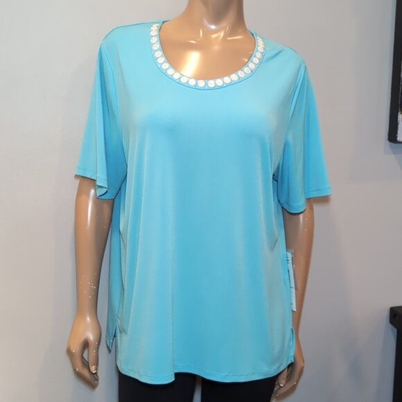 Tanjay Aqua Short Sleeve Top Embellished Scoop Neck Beaded Rhinestone Resort - Picture 3 of 13